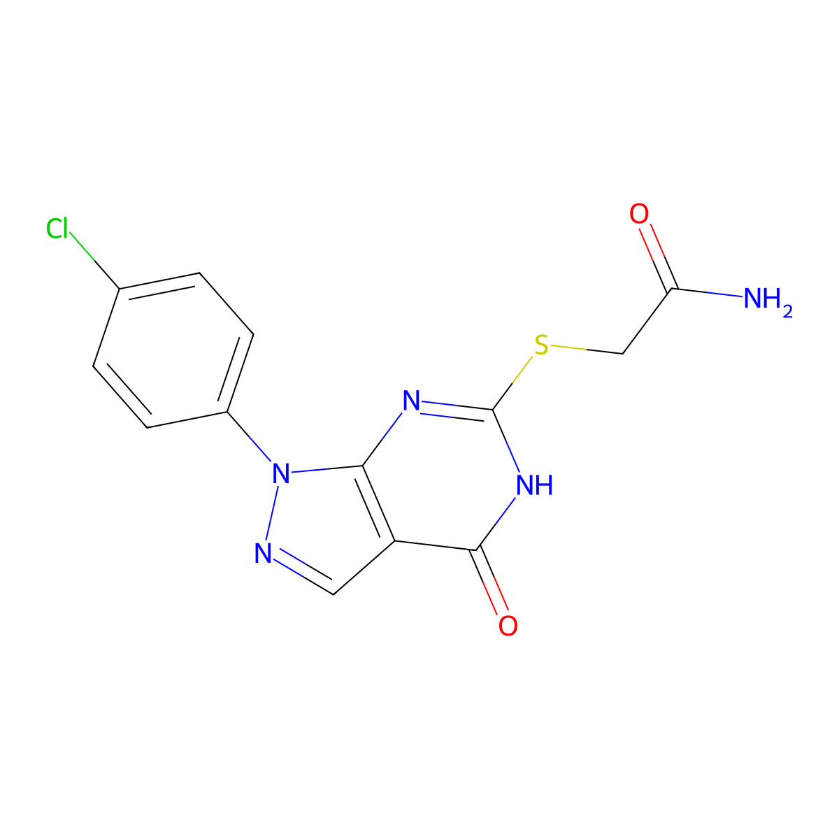 2-((1-(4-chlorophenyl)-4-oxo-4,5-dihydro-1H-pyrazolo[3,4-d]pyrimidin-6-yl)thio)acetamide molecular structure, CAS 1005307-14-1