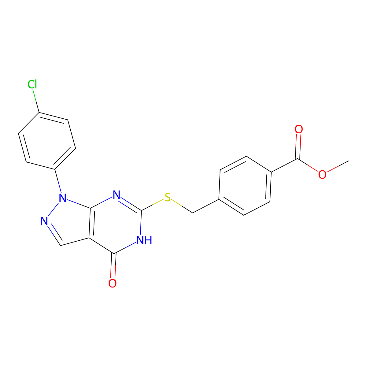 methyl 4-(((1-(4-chlorophenyl)-4-oxo-4,5-dihydro-1H-pyrazolo[3,4-d]pyrimidin-6-yl)thio)methyl)benzoate molecular structure, CAS 1005307-23-2