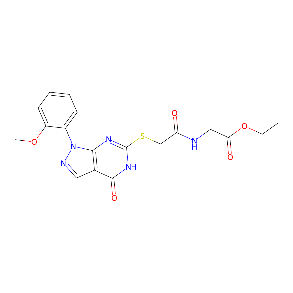 ethyl 2-(2-((1-(2-methoxyphenyl)-4-oxo-4,5-dihydro-1H-pyrazolo[3,4-d]pyrimidin-6-yl)thio)acetamido)acetate molecular structure, CAS 1005307-29-8