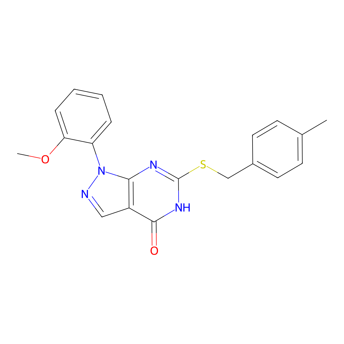 1-(2-methoxyphenyl)-6-((4-methylbenzyl)thio)-1H-pyrazolo[3,4-d]pyrimidin-4(5H)-one molecular structure, CAS 1005307-44-7