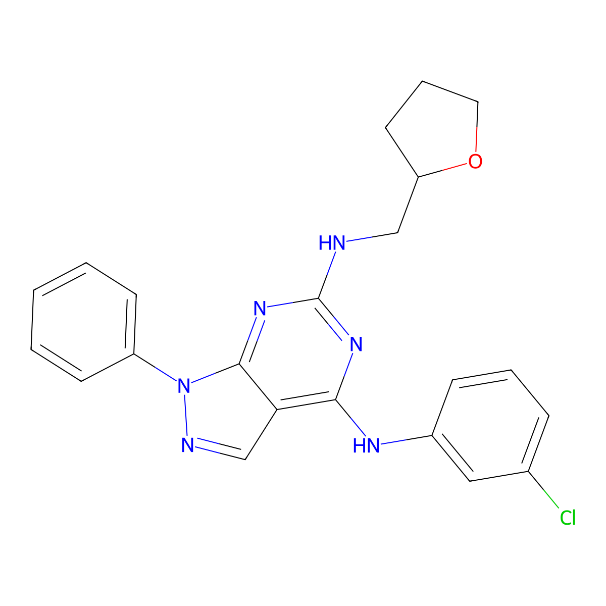 N~4~-(3-chlorophenyl)-1-phenyl-N~6~-(tetrahydrofuran-2-ylmethyl)-1H-pyrazolo[3,4-d]pyrimidine-4,6-diamine molecular structure, CAS 1005307-93-6