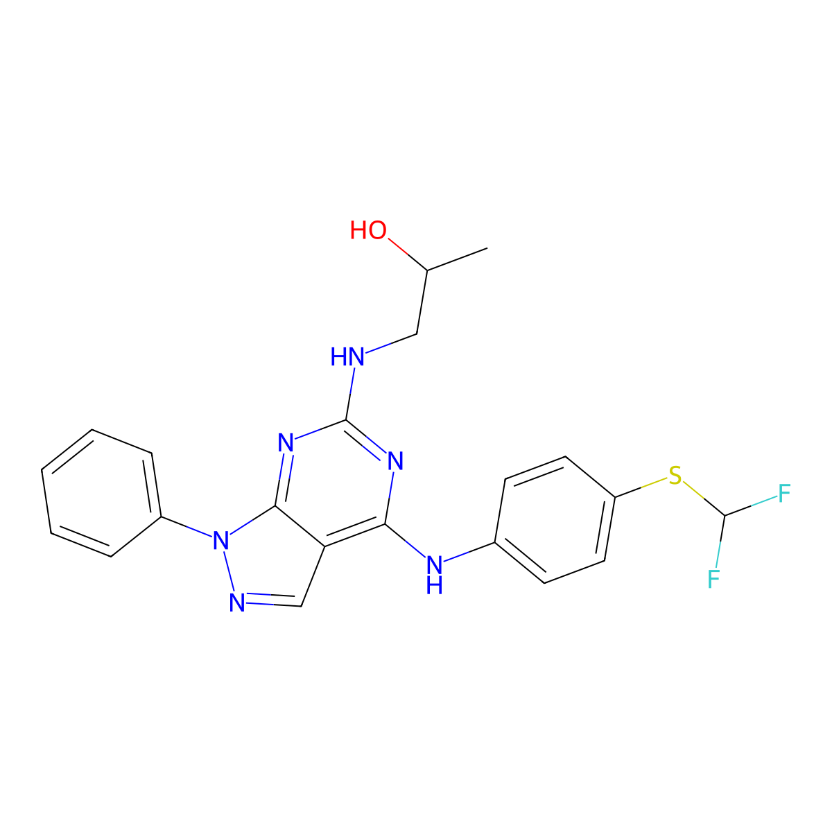 1-((4-((4-((difluoromethyl)thio)phenyl)amino)-1-phenyl-1H-pyrazolo[3,4-d]pyrimidin-6-yl)amino)propan-2-ol molecular structure, CAS 1005307-97-0