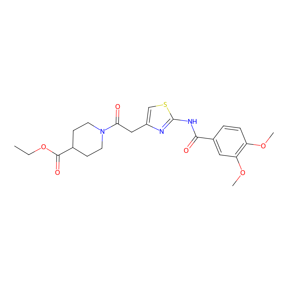 Ethyl 1-(2-(2-(3,4-dimethoxybenzamido)thiazol-4-yl)acetyl)piperidine-4-carboxylate molecular structure, CAS 1005308-10-0