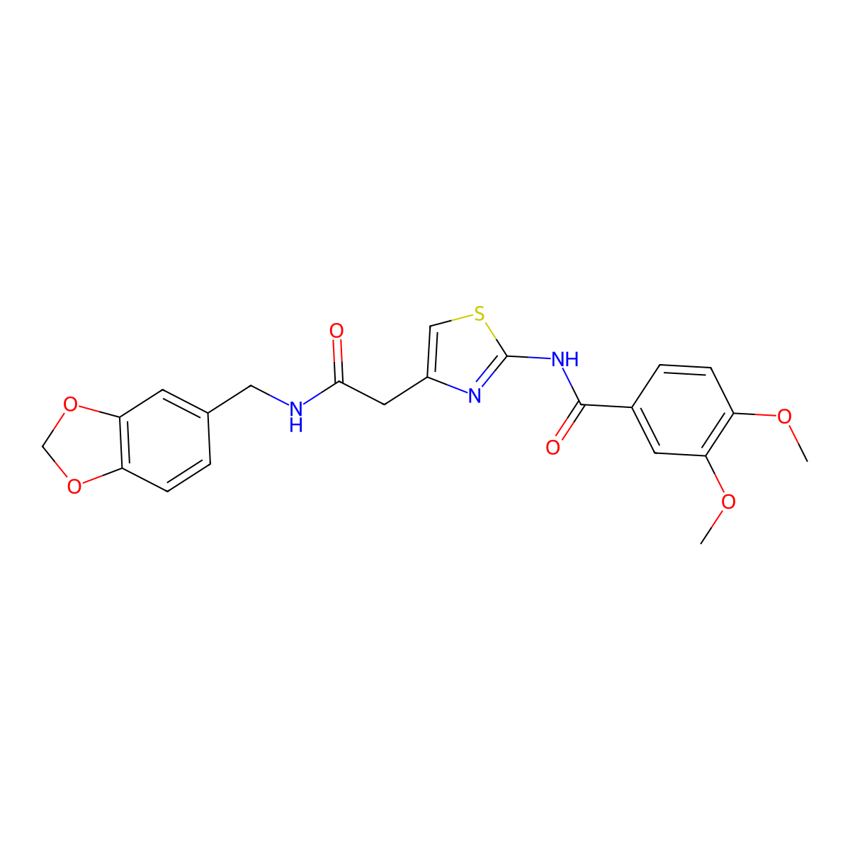 N-(4-(2-((benzo[d][1,3]dioxol-5-ylmethyl)amino)-2-oxoethyl)thiazol-2-yl)-3,4-dimethoxybenzamide molecular structure, CAS 1005308-19-9