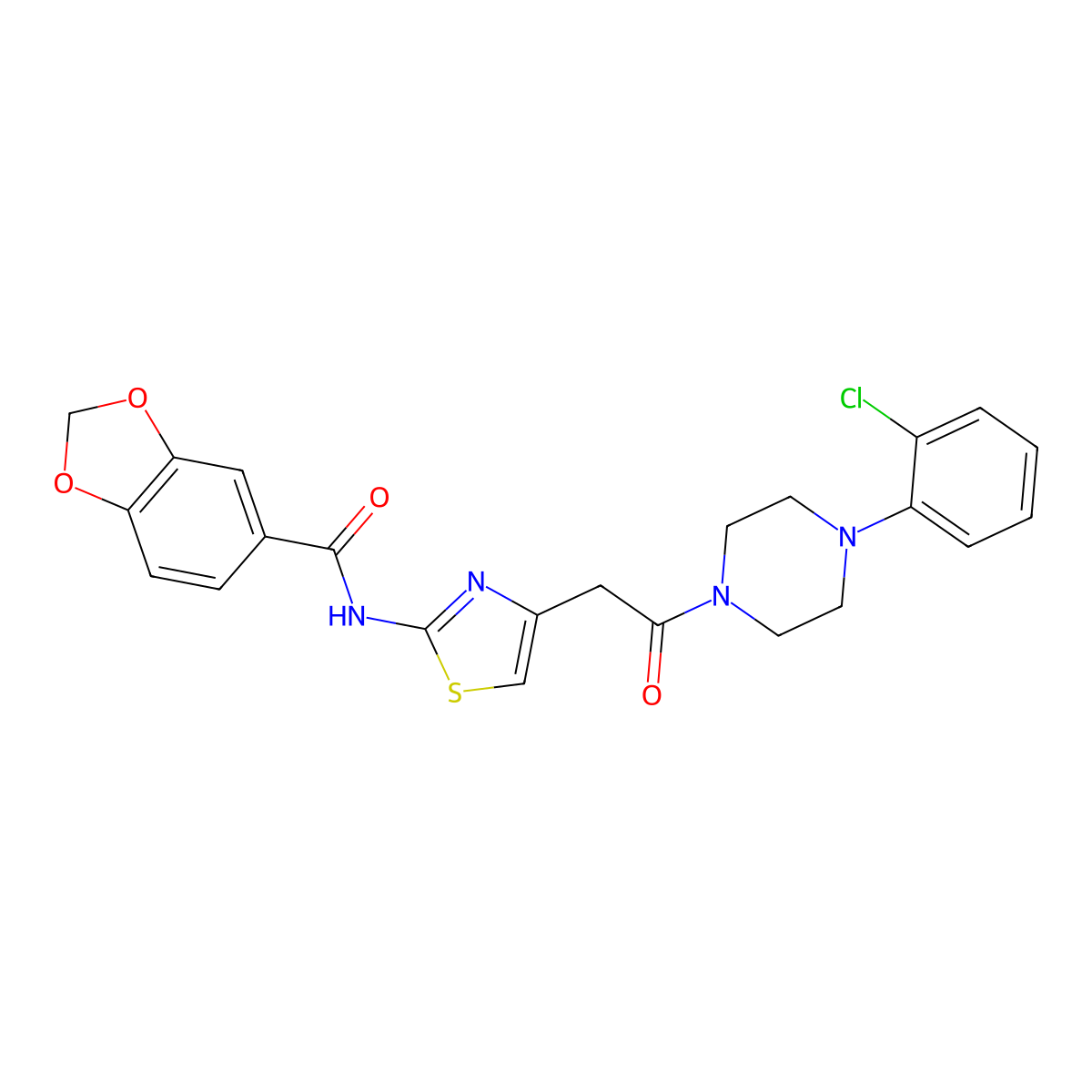 N-(4-(2-(4-(2-chlorophenyl)piperazin-1-yl)-2-oxoethyl)thiazol-2-yl)benzo[d][1,3]dioxole-5-carboxamide molecular structure, CAS 1005308-43-9