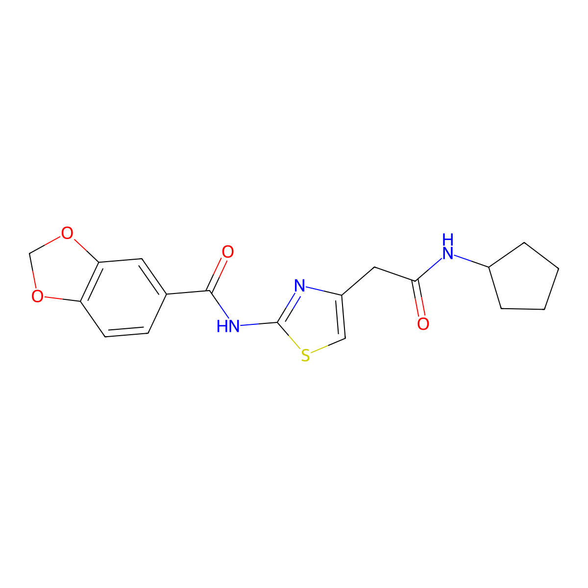 N-(4-(2-(cyclopentylamino)-2-oxoethyl)thiazol-2-yl)benzo[d][1,3]dioxole-5-carboxamide molecular structure, CAS 1005308-47-3