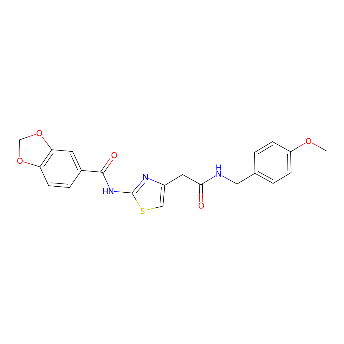 N-(4-(2-((4-methoxybenzyl)amino)-2-oxoethyl)thiazol-2-yl)benzo[d][1,3]dioxole-5-carboxamide molecular structure, CAS 1005308-48-4