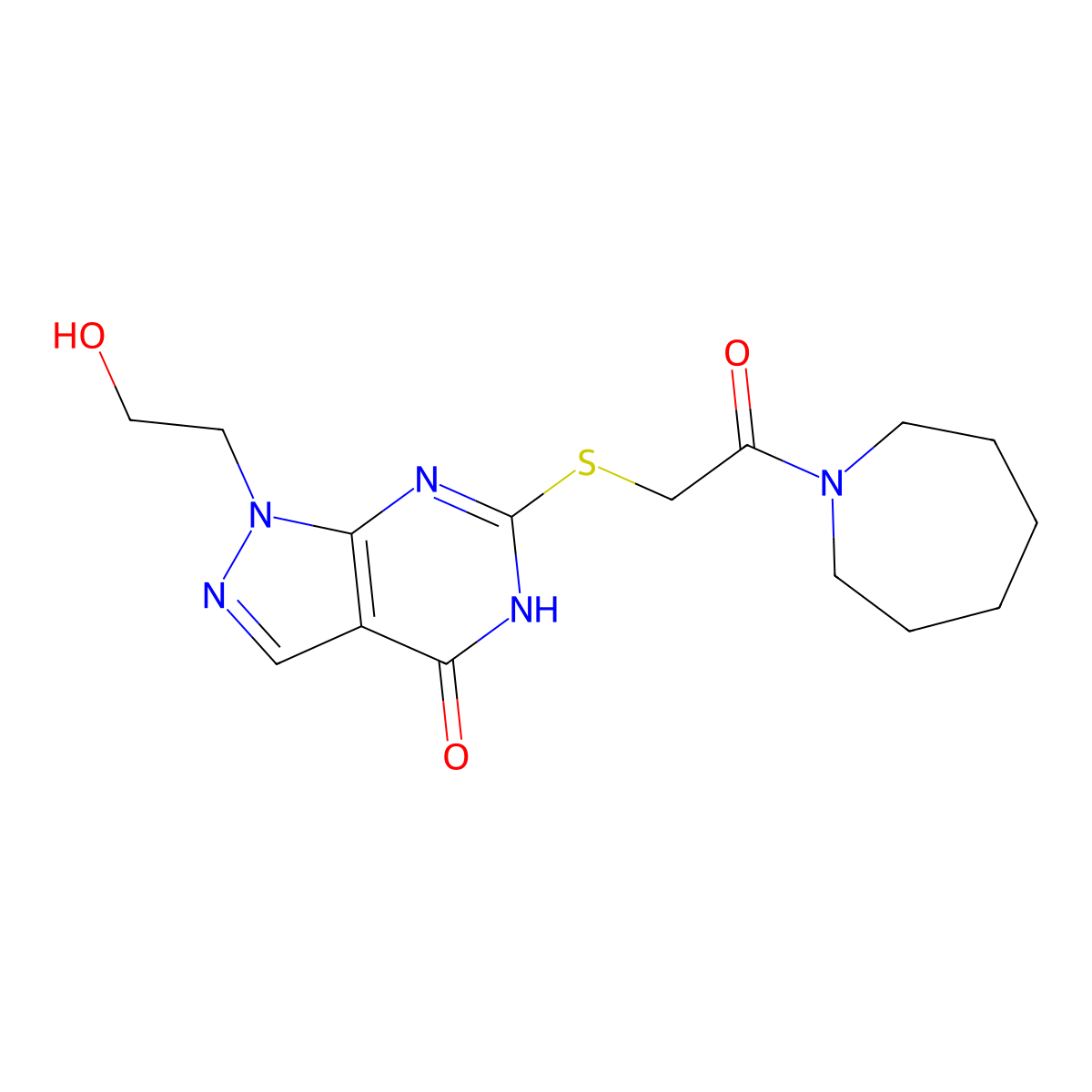 6-((2-(azepan-1-yl)-2-oxoethyl)thio)-1-(2-hydroxyethyl)-1H-pyrazolo[3,4-d]pyrimidin-4(5H)-one molecular structure, CAS 1005308-58-6
