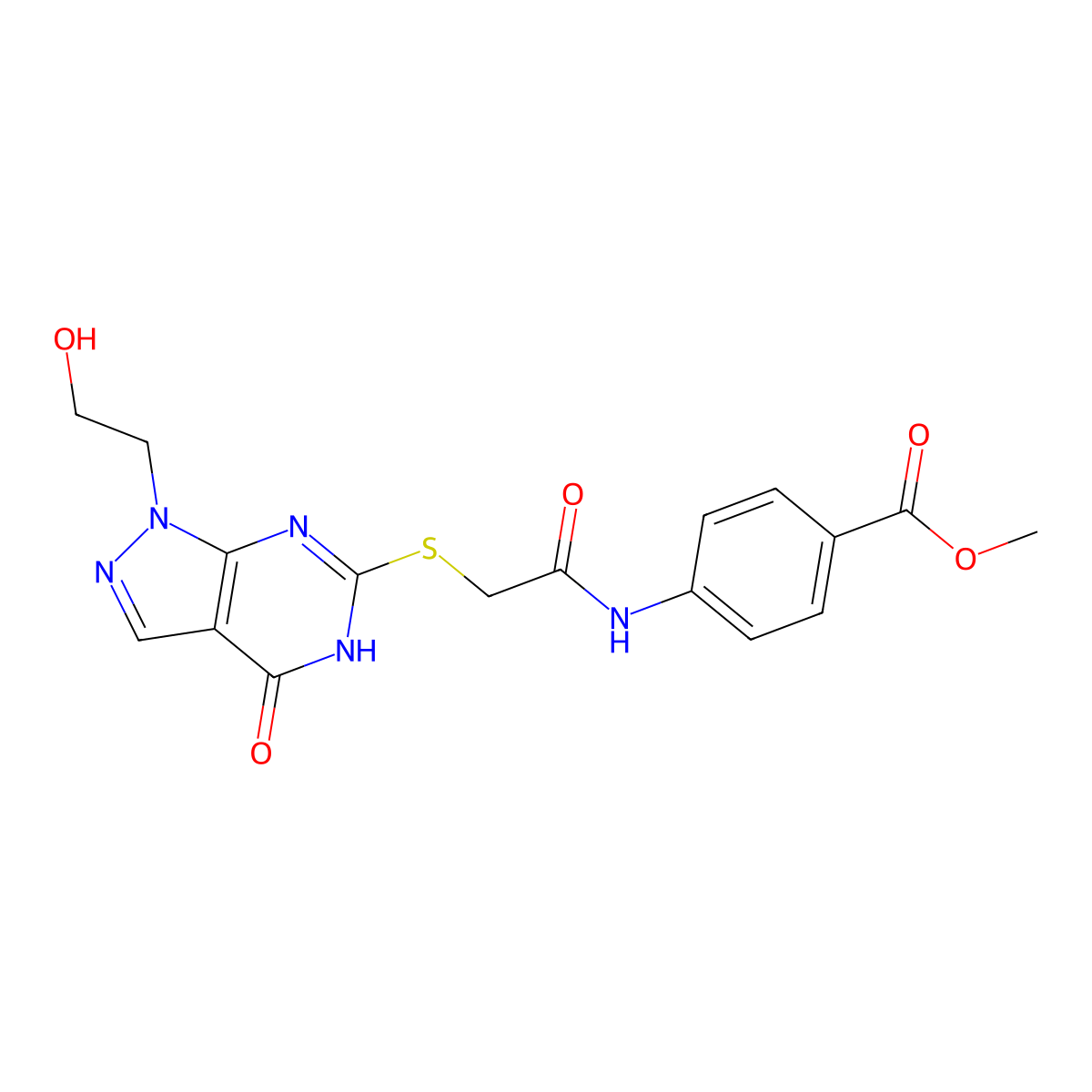 methyl 4-(2-((1-(2-hydroxyethyl)-4-oxo-4,5-dihydro-1H-pyrazolo[3,4-d]pyrimidin-6-yl)thio)acetamido)benzoate molecular structure, CAS 1005308-59-7