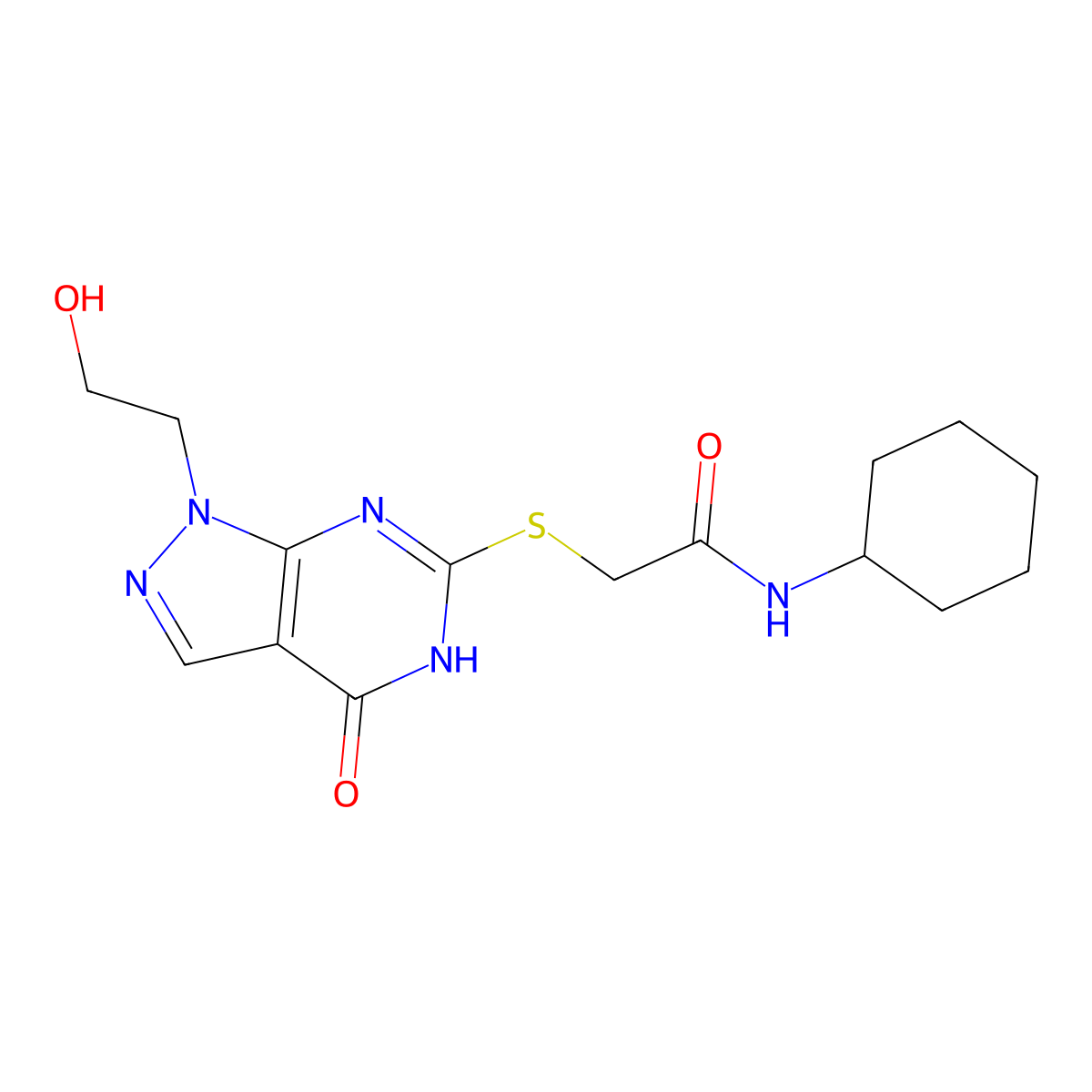 N-cyclohexyl-2-((1-(2-hydroxyethyl)-4-oxo-4,5-dihydro-1H-pyrazolo[3,4-d]pyrimidin-6-yl)thio)acetamide molecular structure, CAS 1005308-60-0