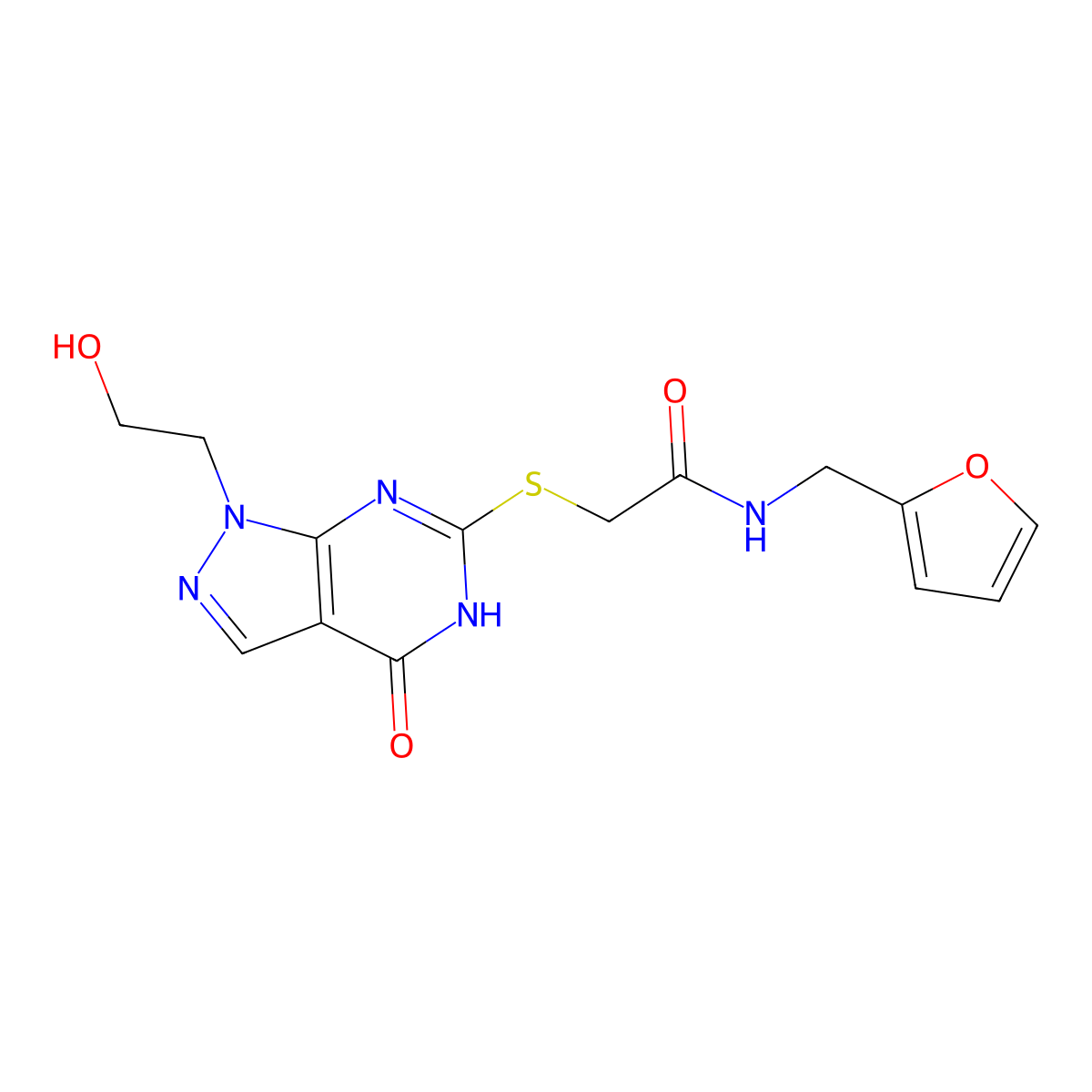 N-(2-furylmethyl)-2-{[1-(2-hydroxyethyl)-4-oxo-4,5-dihydro-1H-pyrazolo[3,4-d]pyrimidin-6-yl]thio}acetamide molecular structure, CAS 1005308-61-1