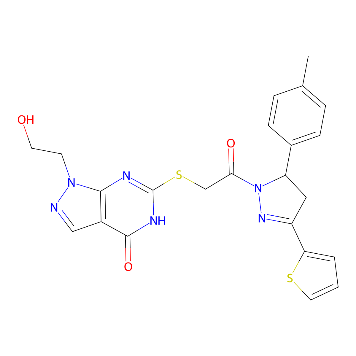 1-(2-hydroxyethyl)-6-({2-[5-(4-methylphenyl)-3-(2-thienyl)-4,5-dihydro-1H-pyrazol-1-yl]-2-oxoethyl}thio)-1,5-dihydro-4H-pyrazolo[3,4-d]pyrimidin-4-one molecular structure, CAS 1005308-62-2