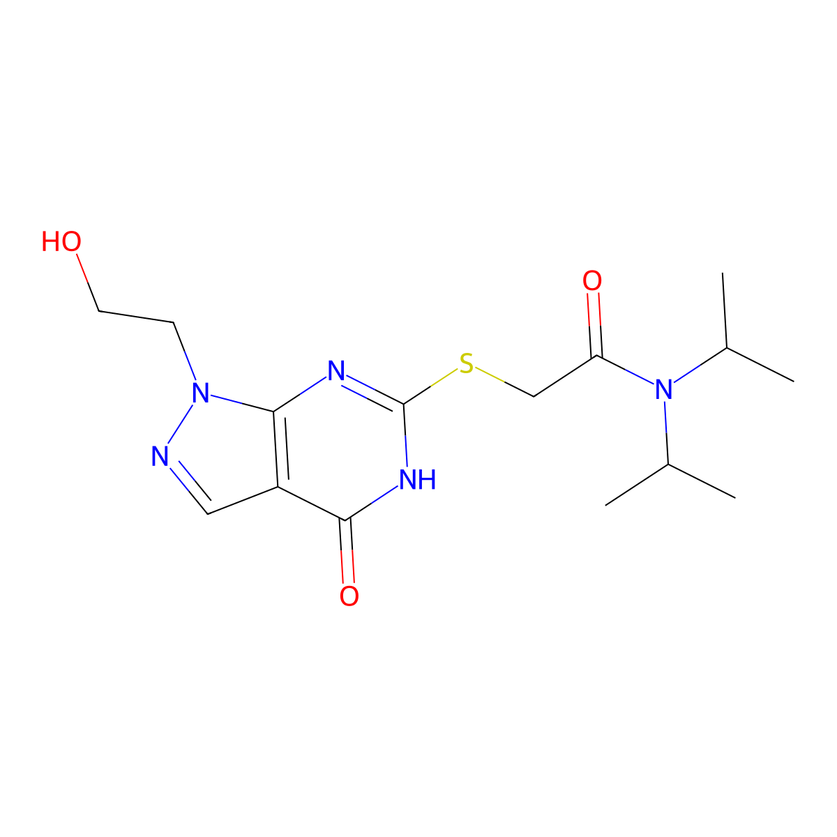 2-((1-(2-hydroxyethyl)-4-oxo-4,5-dihydro-1H-pyrazolo[3,4-d]pyrimidin-6-yl)thio)-N,N-diisopropylacetamide molecular structure, CAS 1005308-72-4