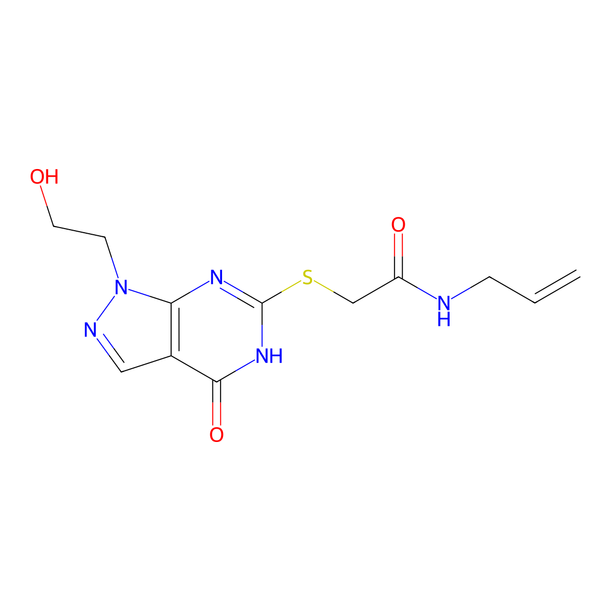 2-{[1-(2-hydroxyethyl)-4-oxo-1H,4H,5H-pyrazolo[3,4-d]pyrimidin-6-yl]sulfanyl}-N-(prop-2-en-1-yl)acetamide molecular structure, CAS 1005308-73-5