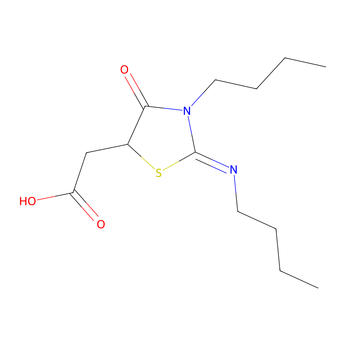 (E)-2-(3-butyl-2-(butylimino)-4-oxothiazolidin-5-yl)acetic acid molecular structure, CAS 100531-61-1