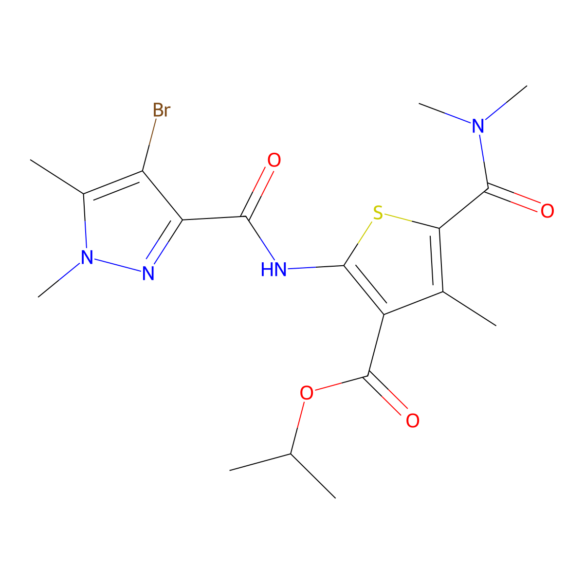 propan-2-yl 2-{[(4-bromo-1,5-dimethyl-1H-pyrazol-3-yl)carbonyl]amino}-5-(dimethylcarbamoyl)-4-methylthiophene-3-carboxylate molecular structure, CAS 1005551-72-3