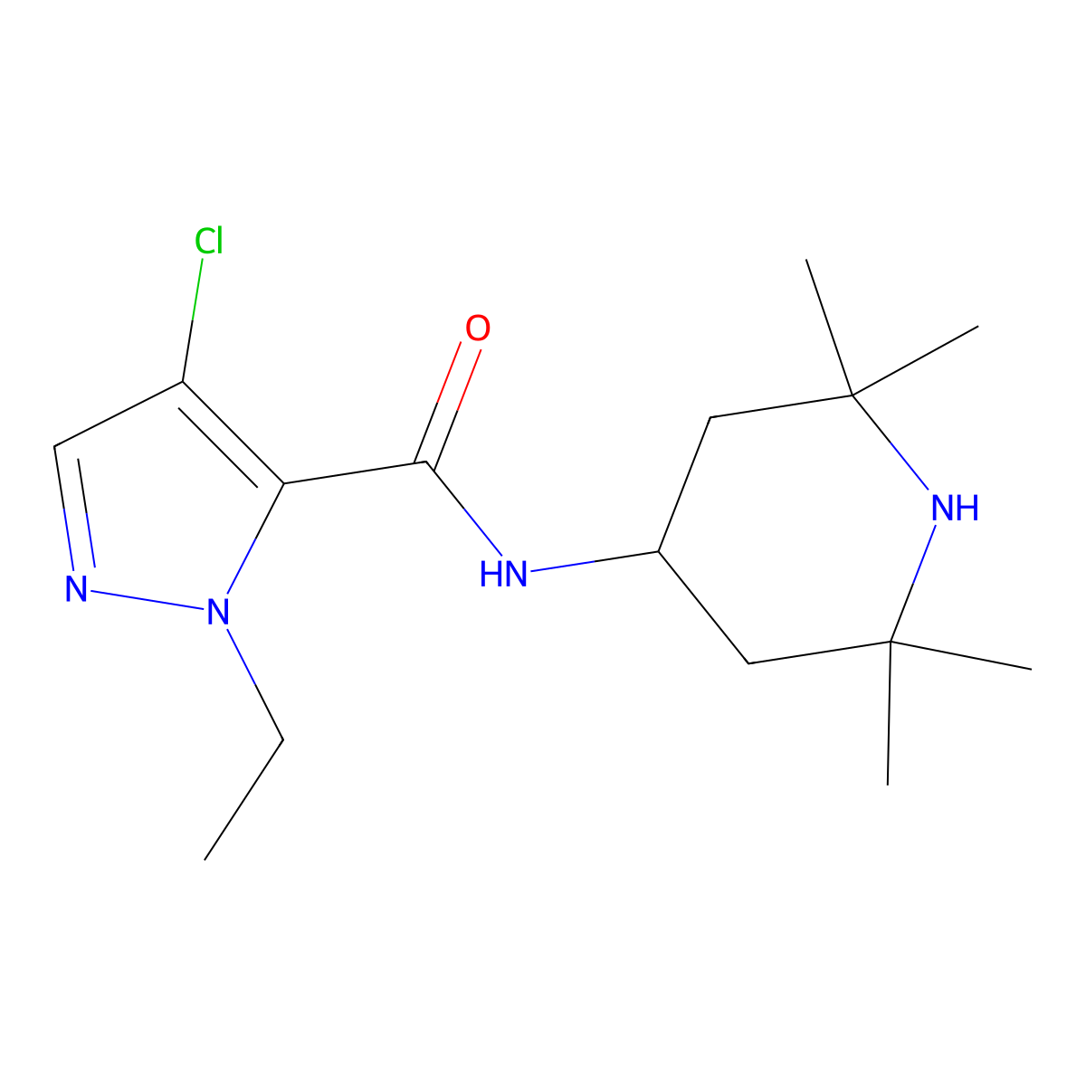 4-chloro-1-ethyl-N-(2,2,6,6-tetramethylpiperidin-4-yl)-1H-pyrazole-5-carboxamide molecular structure, CAS 1005551-76-7