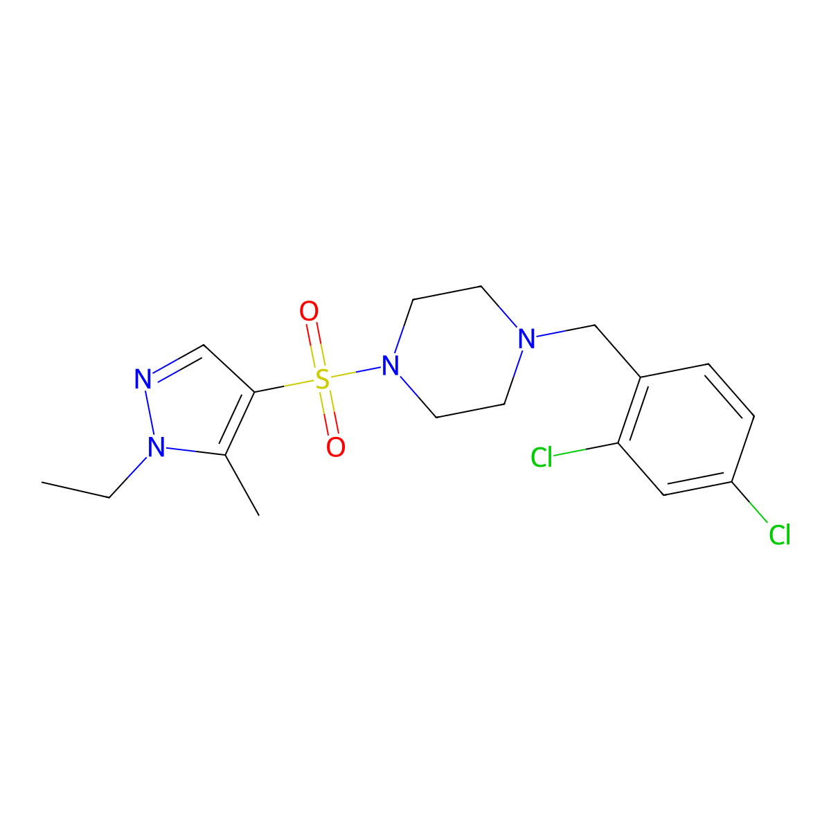 1-(2,4-dichlorobenzyl)-4-[(1-ethyl-5-methyl-1H-pyrazol-4-yl)sulfonyl]piperazine molecular structure, CAS 1005552-03-3