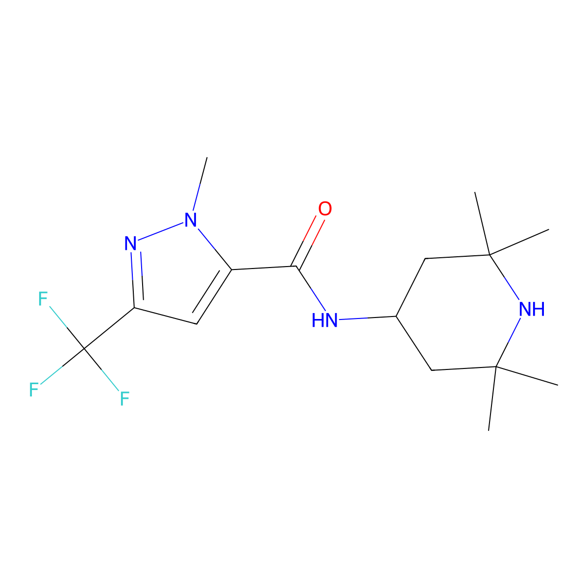 2-methyl-N-(2,2,6,6-tetramethylpiperidin-4-yl)-5-(trifluoromethyl)pyrazole-3-carboxamide molecular structure, CAS 1005552-14-6