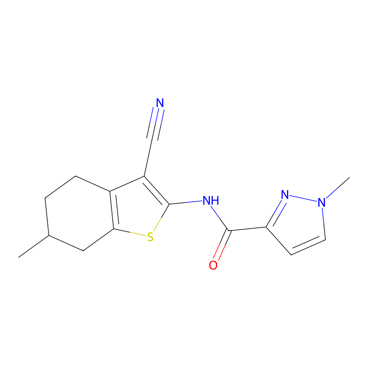 N-(3-cyano-6-methyl-4,5,6,7-tetrahydrobenzo[b]thiophen-2-yl)-1-methyl-1H-pyrazole-3-carboxamide molecular structure, CAS 1005552-21-5