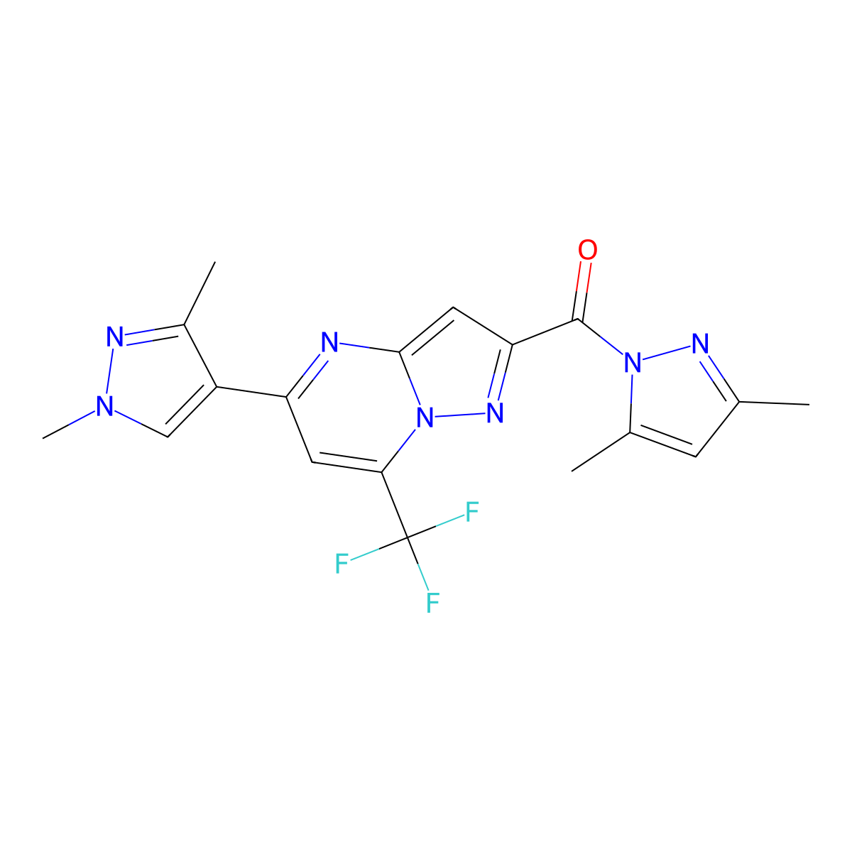 (3,5-Dimethylpyrazol-1-yl)-[5-(1,3-dimethylpyrazol-4-yl)-7-(trifluoromethyl)pyrazolo[1,5-a]pyrimidin-2-yl]methanone molecular structure, CAS 1005552-25-9
