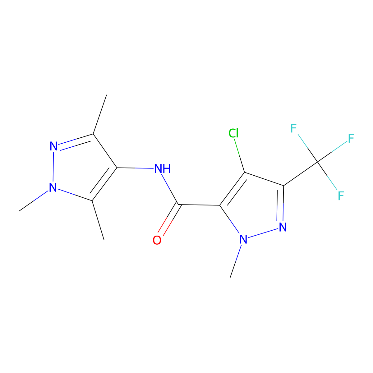 4-chloro-2-methyl-5-(trifluoromethyl)-N-(1,3,5-trimethylpyrazol-4-yl)pyrazole-3-carboxamide molecular structure, CAS 1005552-46-4
