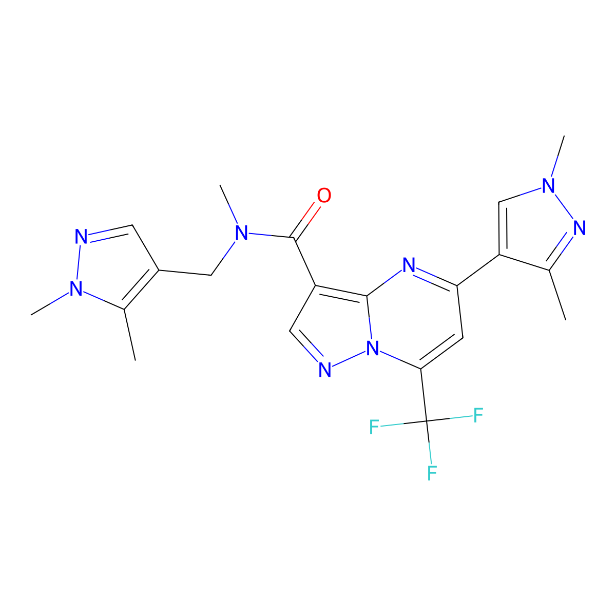 5-(1,3-dimethylpyrazol-4-yl)-N-[(1,5-dimethylpyrazol-4-yl)methyl]-N-methyl-7-(trifluoromethyl)pyrazolo[1,5-a]pyrimidine-3-carboxamide molecular structure, CAS 1005552-49-7