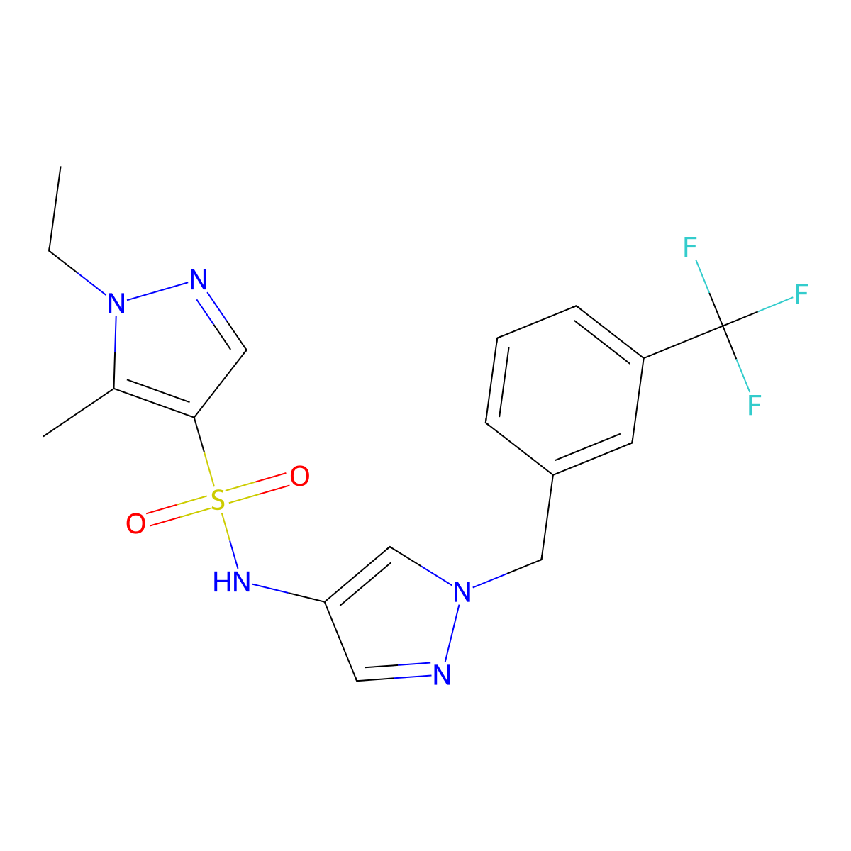 1-ethyl-5-methyl-N-{1-[3-(trifluoromethyl)benzyl]-1H-pyrazol-4-yl}-1H-pyrazole-4-sulfonamide molecular structure, CAS 1005552-65-7