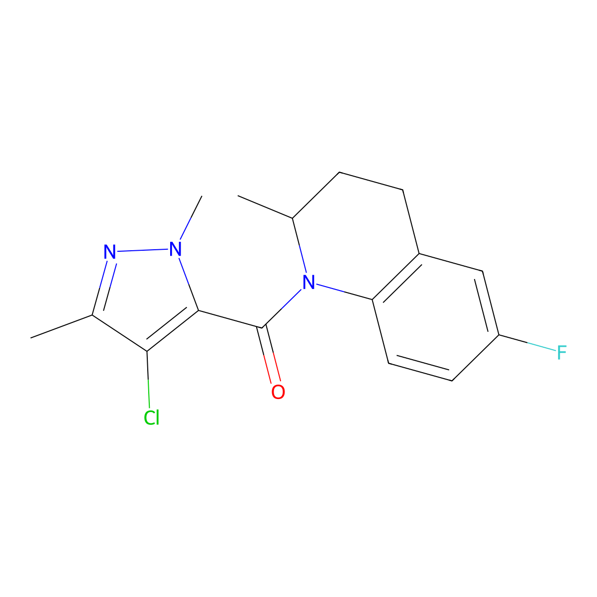 (4-chloro-1,3-dimethyl-1H-pyrazol-5-yl)(6-fluoro-2-methyl-3,4-dihydroquinolin-1(2H)-yl)methanone molecular structure, CAS 1005552-81-7