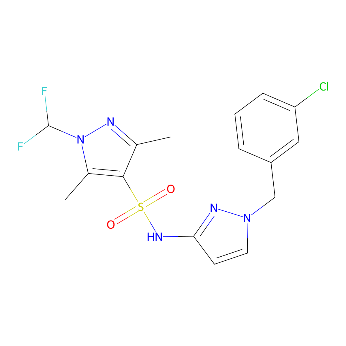 N-[1-(3-chlorobenzyl)-1H-pyrazol-3-yl]-1-(difluoromethyl)-3,5-dimethyl-1H-pyrazole-4-sulfonamide molecular structure, CAS 1005553-01-4