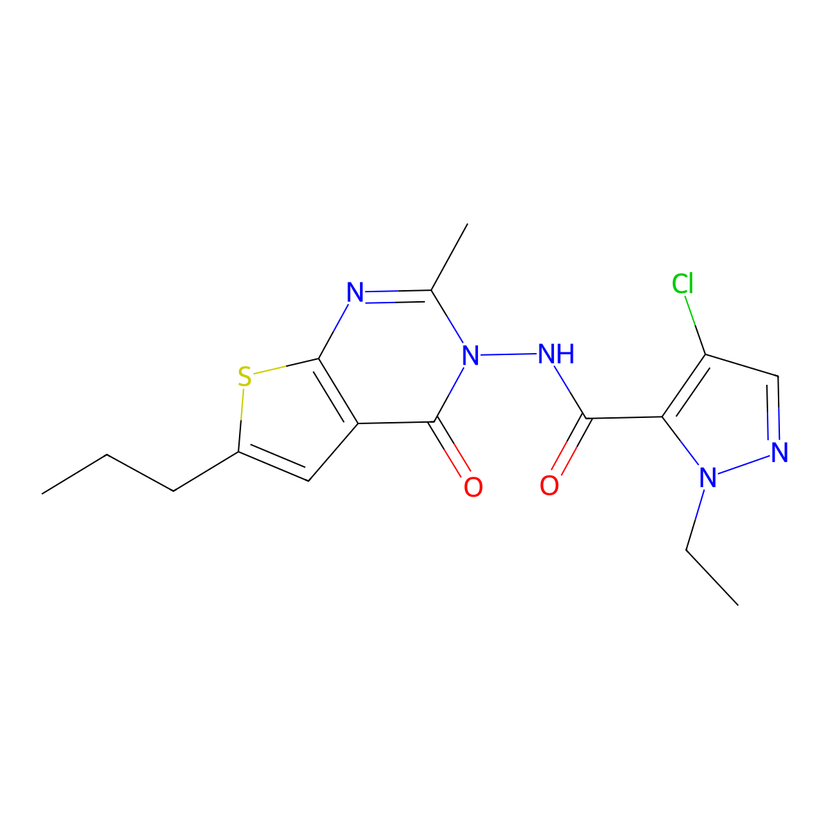 4-chloro-2-ethyl-N-(2-methyl-4-oxo-6-propylthieno[2,3-d]pyrimidin-3-yl)pyrazole-3-carboxamide molecular structure, CAS 1005553-31-0