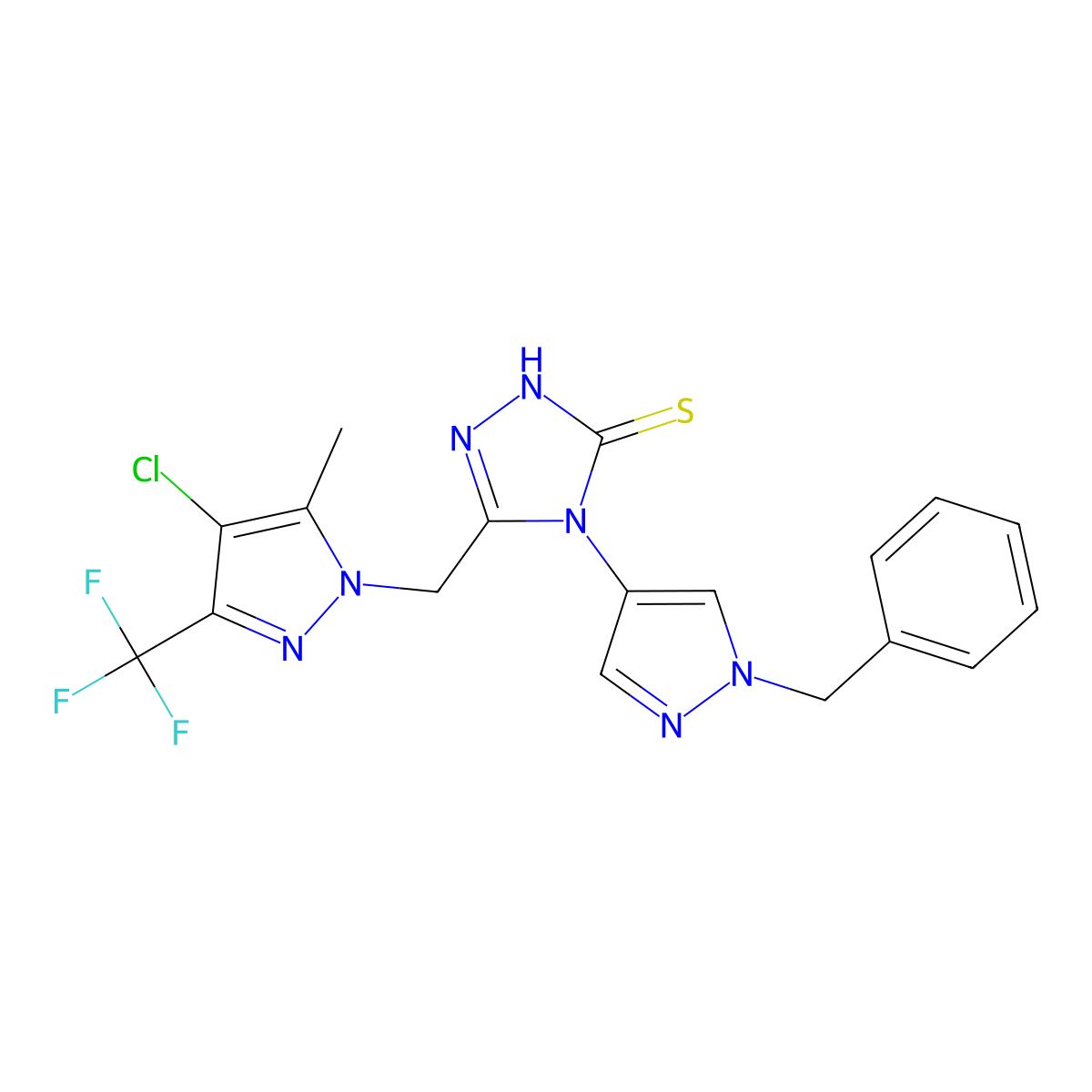 4-(1-benzyl-1H-pyrazol-4-yl)-5-{[4-chloro-5-methyl-3-(trifluoromethyl)-1H-pyrazol-1-yl]methyl}-4H-1,2,4-triazole-3-thiol molecular structure, CAS 1005553-73-0