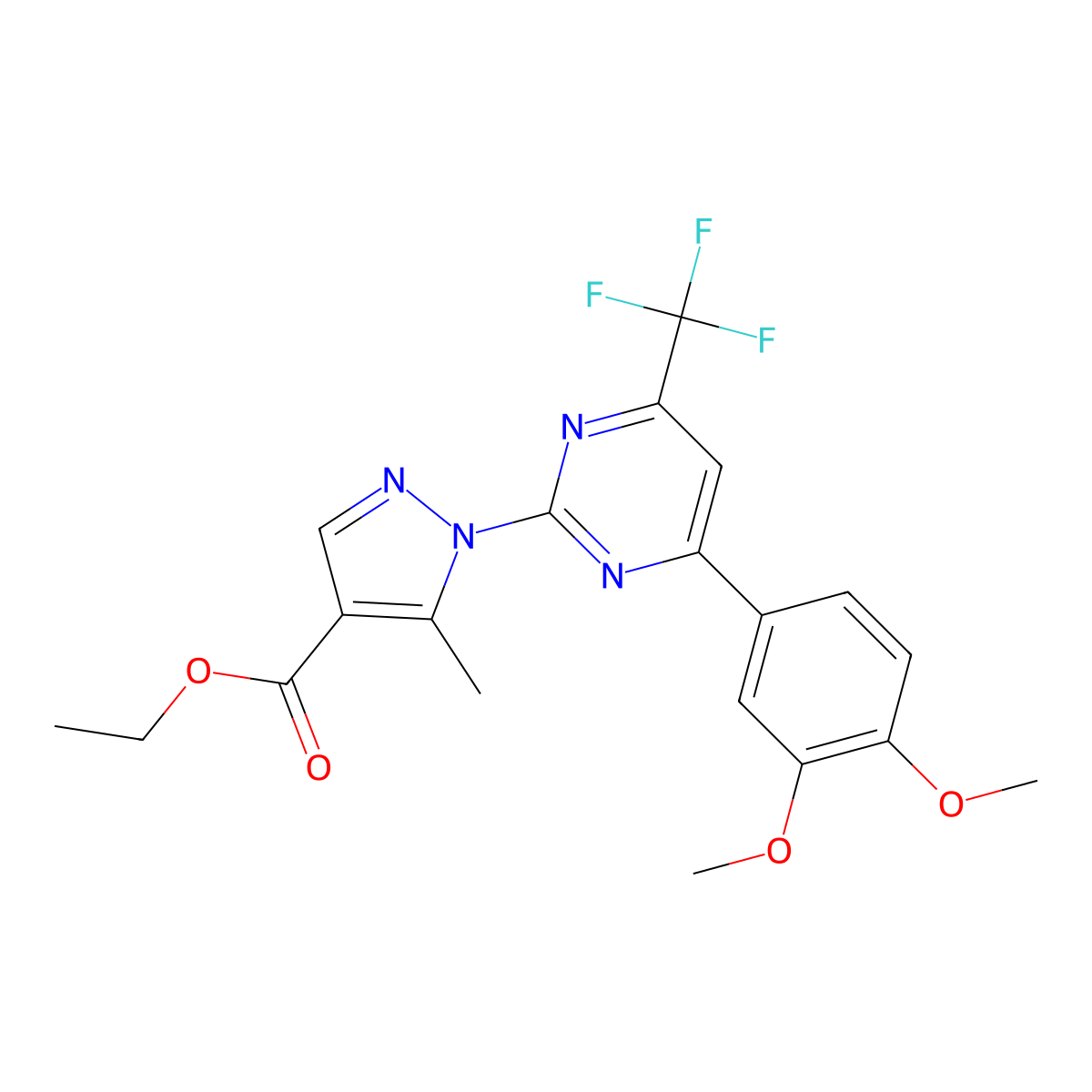 ethyl 1-(4-(3,4-dimethoxyphenyl)-6-(trifluoromethyl)pyrimidin-2-yl)-5-methyl-1H-pyrazole-4-carboxylate molecular structure, CAS 1005554-06-2