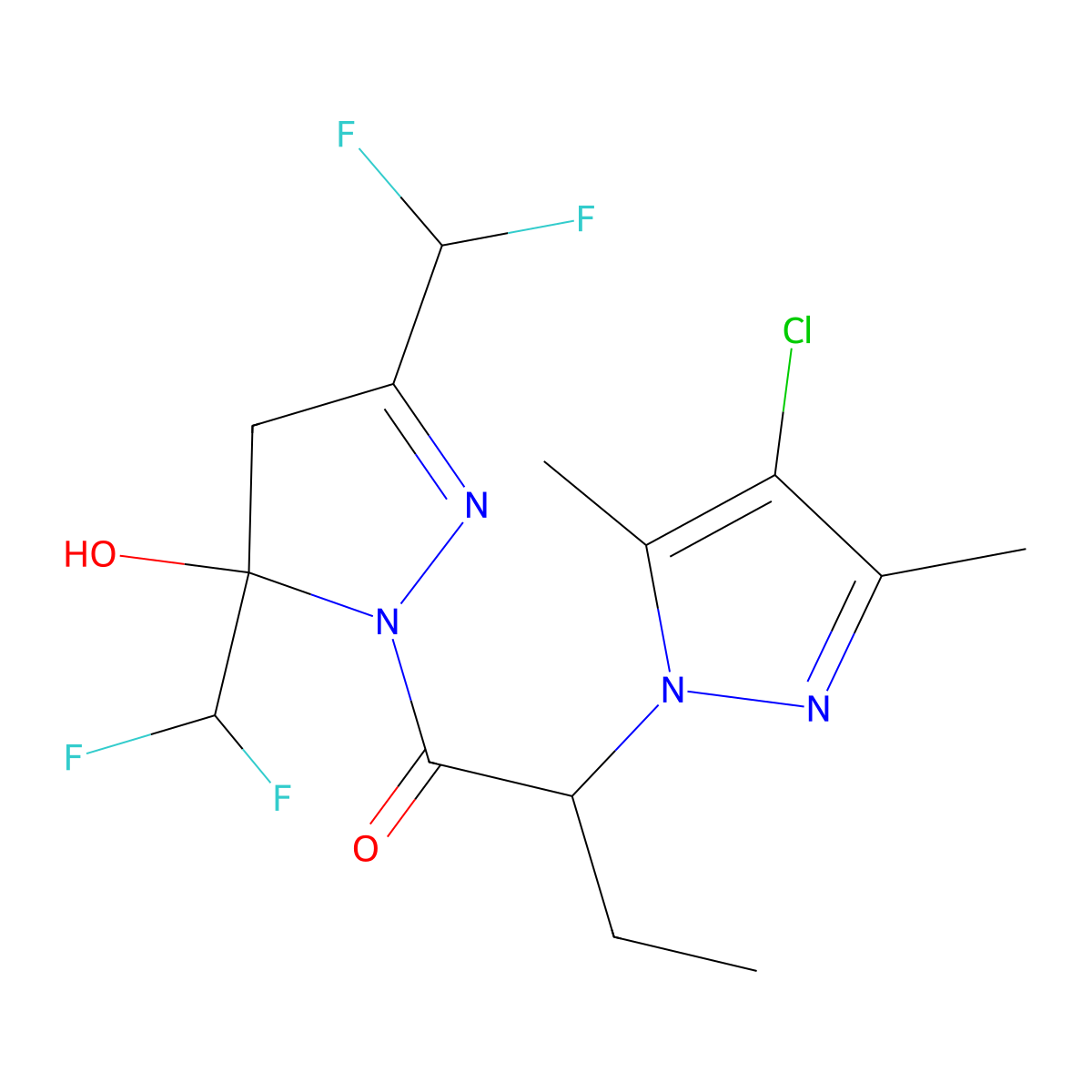 1-[3,5-bis(difluoromethyl)-5-hydroxy-4,5-dihydro-1H-pyrazol-1-yl]-2-(4-chloro-3,5-dimethyl-1H-pyrazol-1-yl)butan-1-one molecular structure, CAS 1005554-08-4
