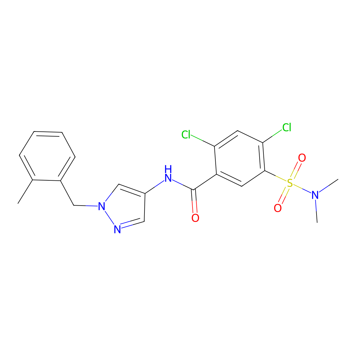 2,4-dichloro-5-(dimethylsulfamoyl)-N-[1-(2-methylbenzyl)-1H-pyrazol-4-yl]benzamide molecular structure, CAS 1005554-10-8