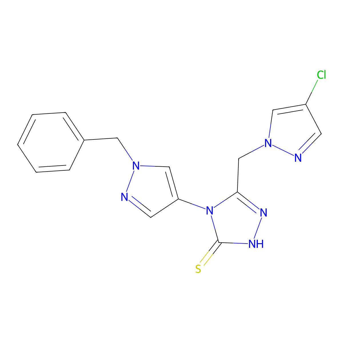 4-(1-benzyl-1H-pyrazol-4-yl)-5-[(4-chloro-1H-pyrazol-1-yl)methyl]-4H-1,2,4-triazole-3-thiol molecular structure, CAS 1005554-17-5