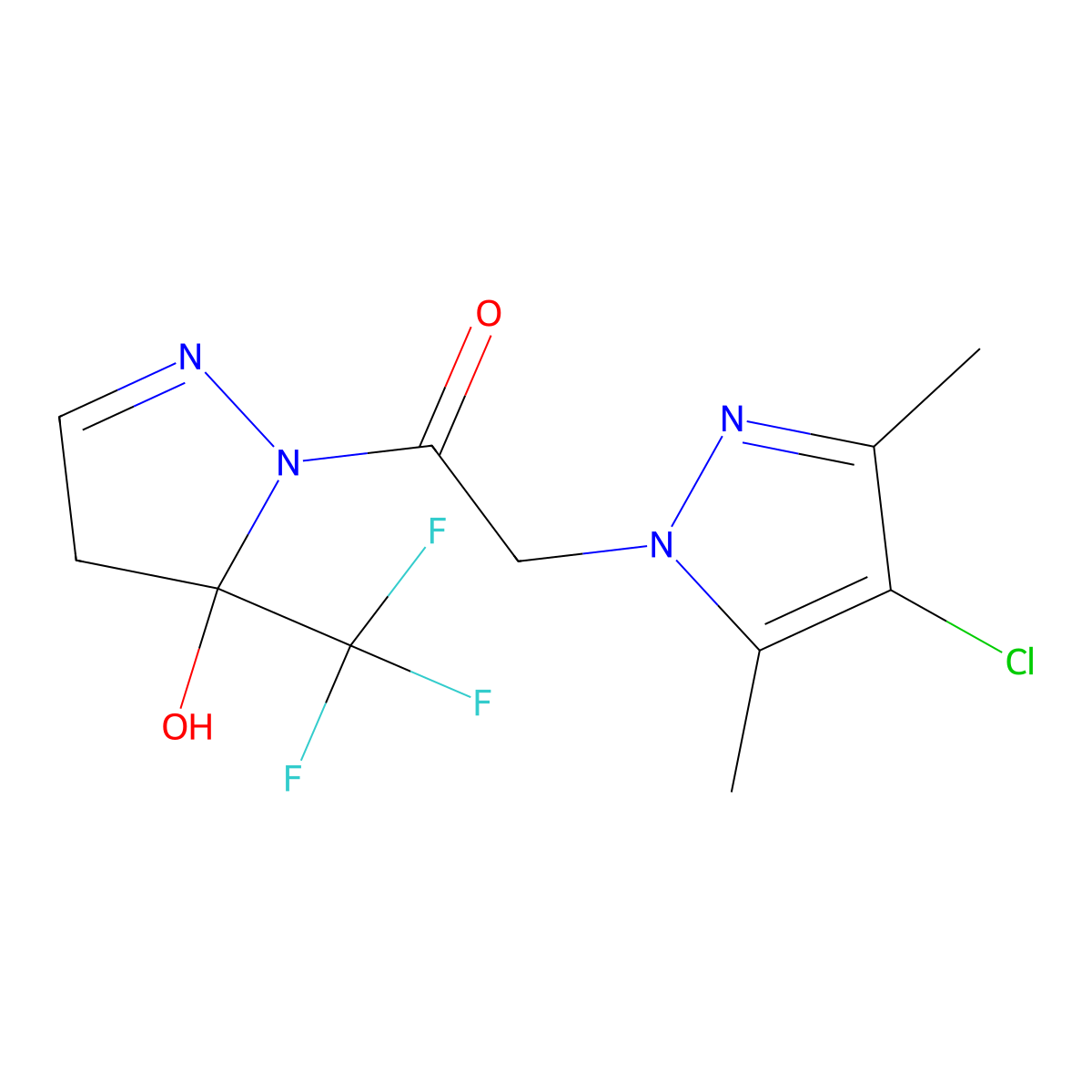 2-(4-chloro-3,5-dimethyl-1H-pyrazol-1-yl)-1-[5-hydroxy-5-(trifluoromethyl)-4,5-dihydro-1H-pyrazol-1-yl]ethanone molecular structure, CAS 1005554-58-4