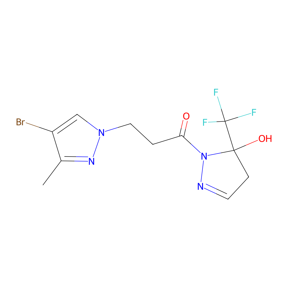 3-(4-bromo-3-methyl-1H-pyrazol-1-yl)-1-[5-hydroxy-5-(trifluoromethyl)-4,5-dihydro-1H-pyrazol-1-yl]propan-1-one molecular structure, CAS 1005554-97-1