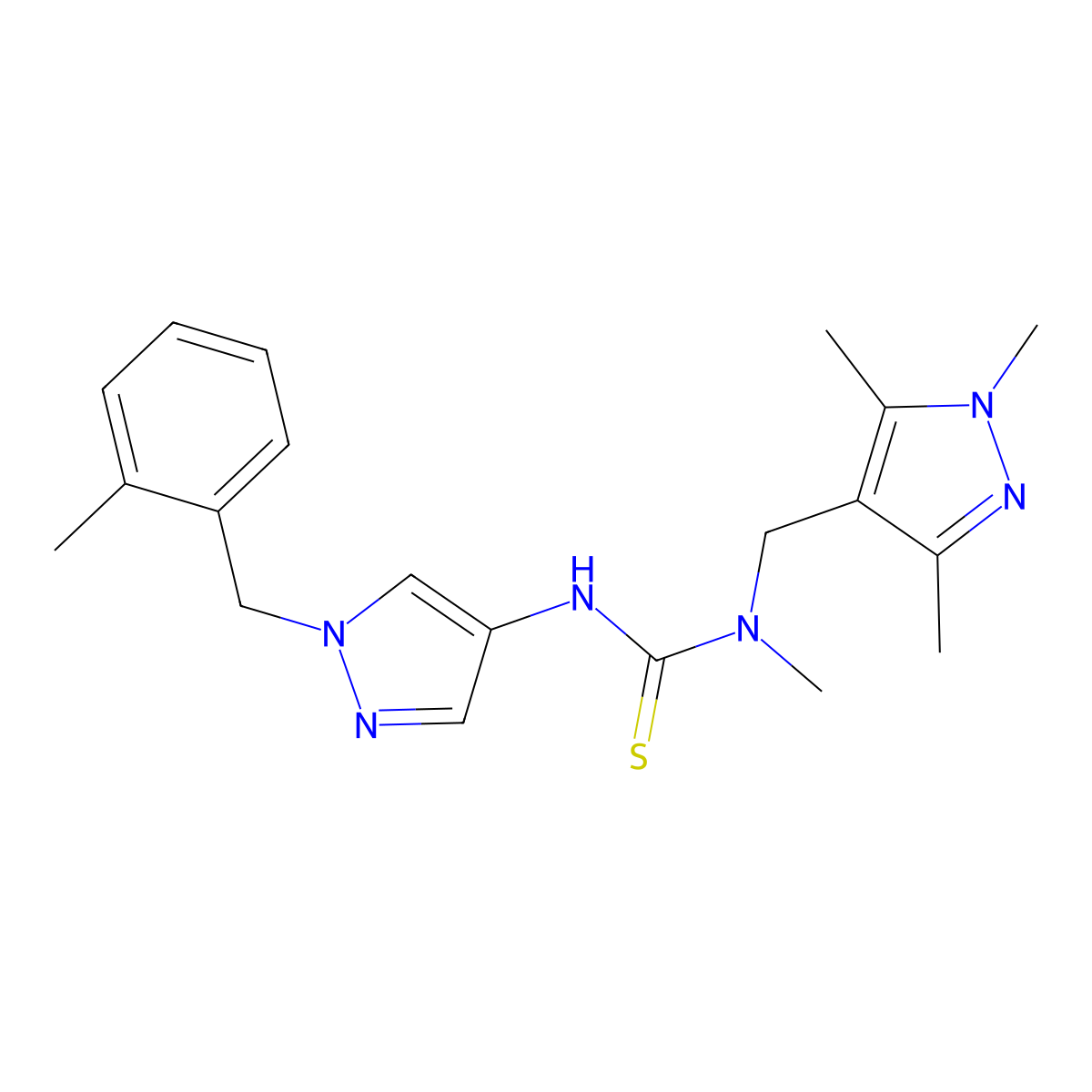 1-Methyl-3-[1-[(2-methylphenyl)methyl]pyrazol-4-yl]-1-[(1,3,5-trimethylpyrazol-4-yl)methyl]thiourea molecular structure, CAS 1005555-00-9