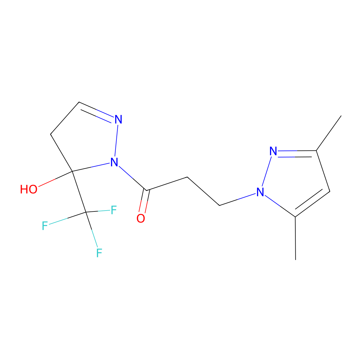 3-(3,5-dimethyl-1H-pyrazol-1-yl)-1-[5-hydroxy-5-(trifluoromethyl)-4,5-dihydro-1H-pyrazol-1-yl]propan-1-one molecular structure, CAS 1005555-30-5
