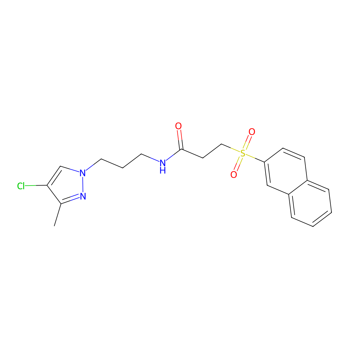N-[3-(4-chloro-3-methyl-1H-pyrazol-1-yl)propyl]-3-(naphthalen-2-ylsulfonyl)propanamide molecular structure, CAS 1005555-53-2