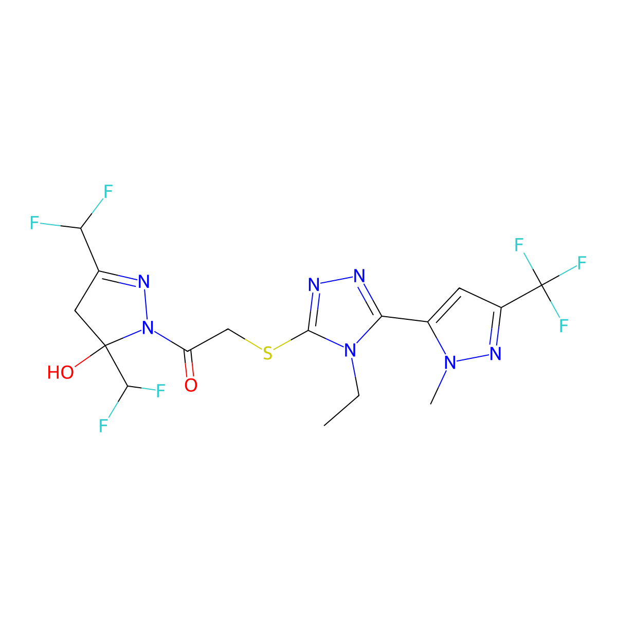 1-[3,5-bis(difluoromethyl)-5-hydroxy-4H-pyrazol-1-yl]-2-[[4-ethyl-5-[2-methyl-5-(trifluoromethyl)pyrazol-3-yl]-1,2,4-triazol-3-yl]sulfanyl]ethanone molecular structure, CAS 1005555-55-4
