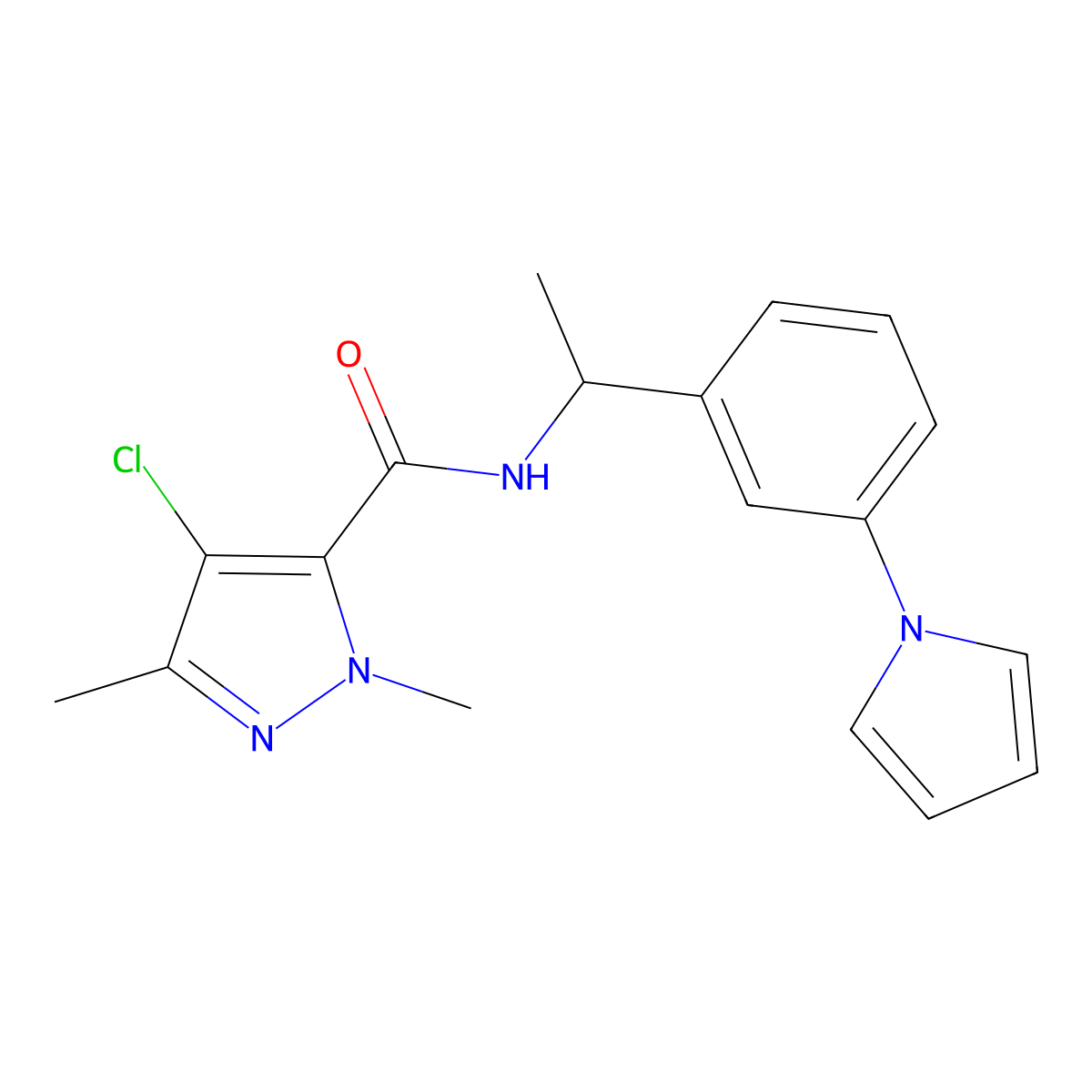 4-chloro-2,5-dimethyl-N-[1-(3-pyrrol-1-ylphenyl)ethyl]pyrazole-3-carboxamide molecular structure, CAS 1005555-62-3