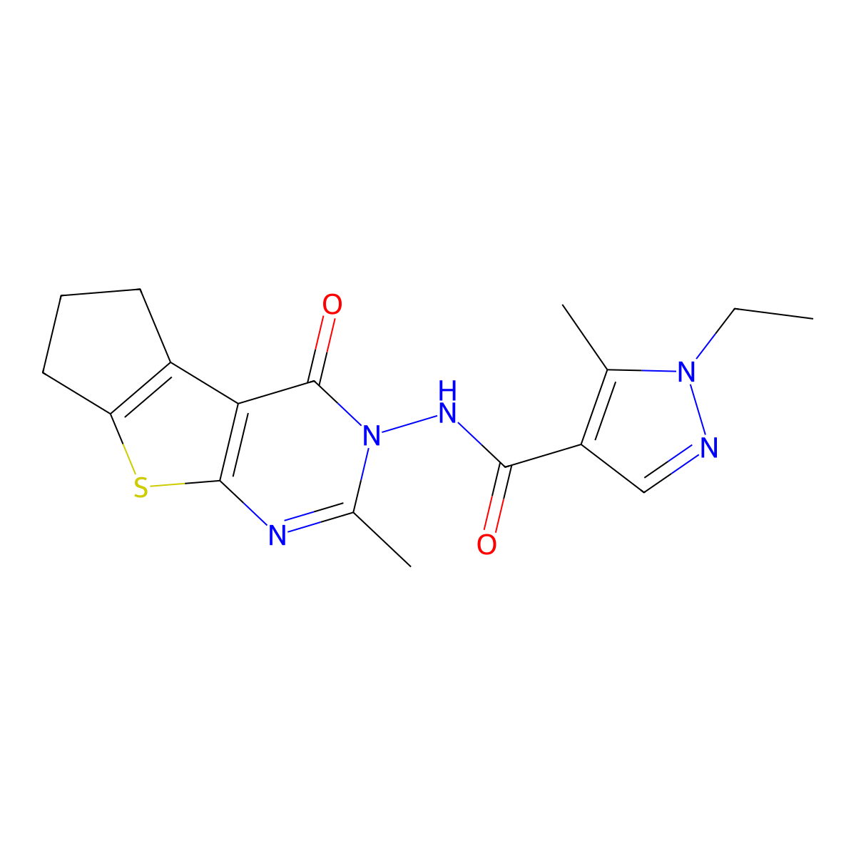 1-ethyl-5-methyl-N-(3-methyl-1-oxo-7,8-dihydro-6H-cyclopenta[2,3]thieno[2,4-d]pyrimidin-2-yl)pyrazole-4-carboxamide molecular structure, CAS 1005555-63-4
