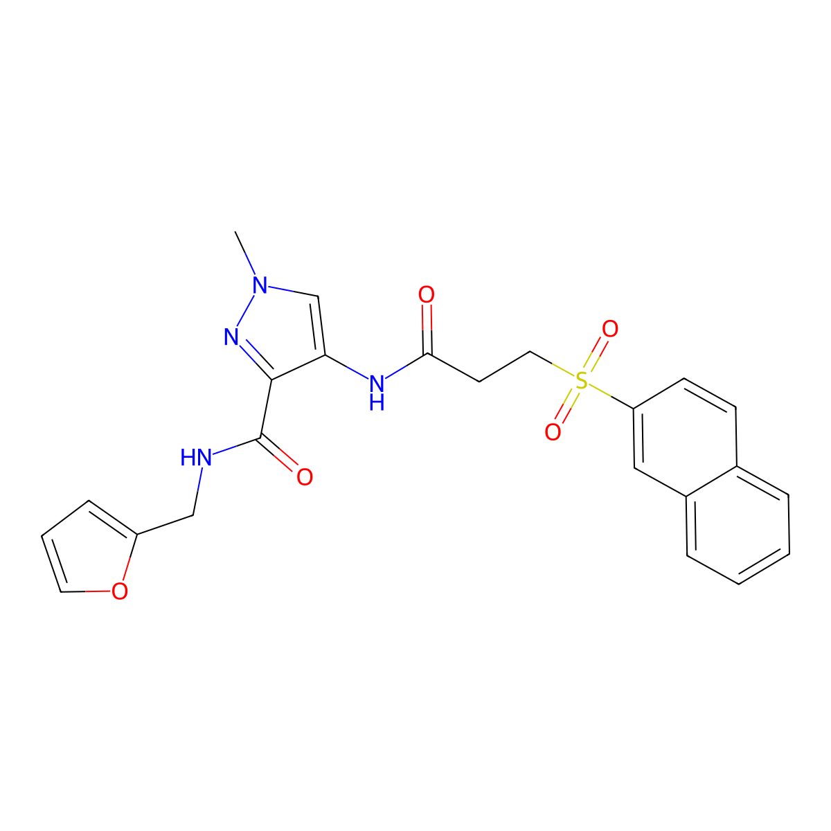 N-(furan-2-ylmethyl)-1-methyl-4-{[3-(naphthalen-2-ylsulfonyl)propanoyl]amino}-1H-pyrazole-3-carboxamide molecular structure, CAS 1005555-99-6