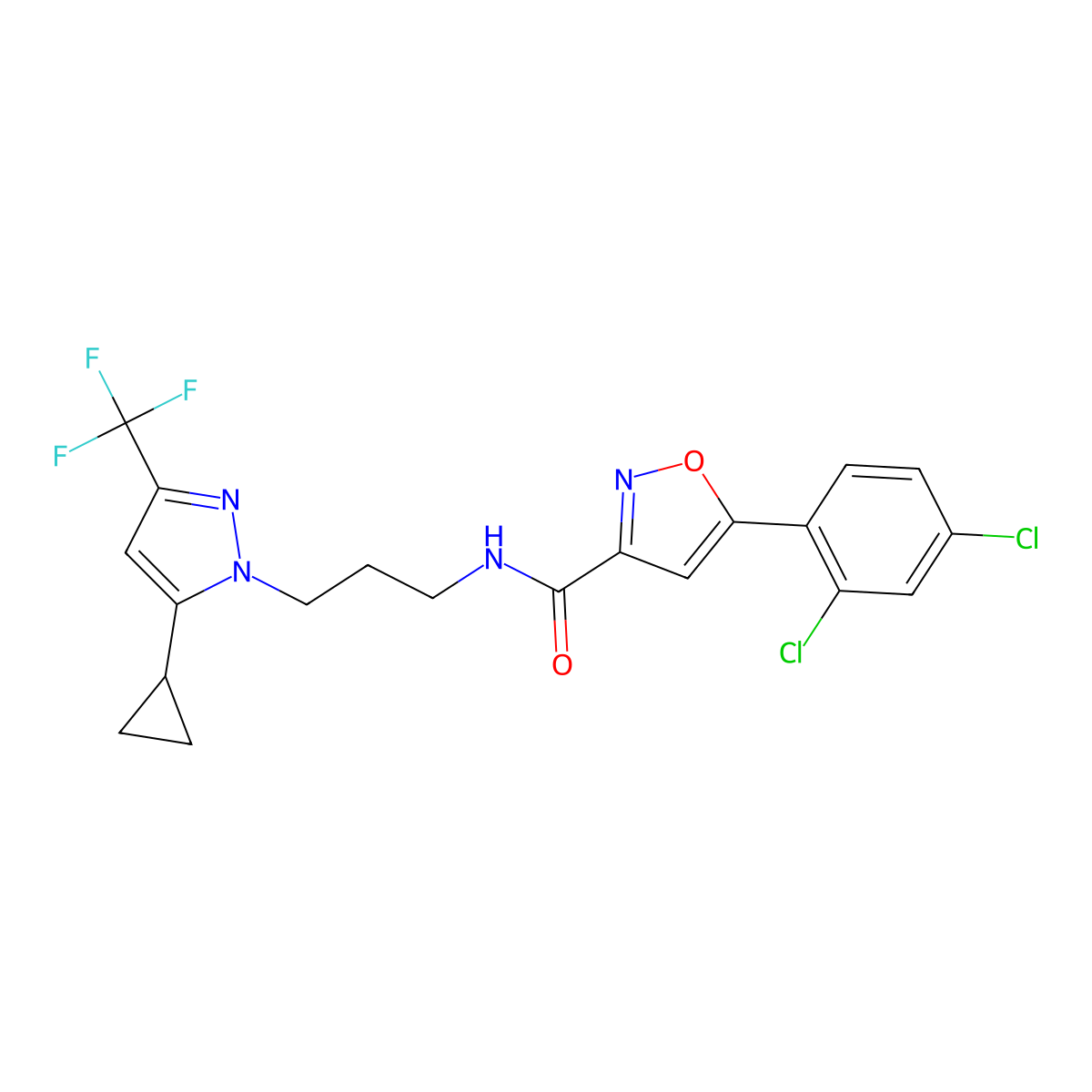 N-[3-[5-cyclopropyl-3-(trifluoromethyl)pyrazol-1-yl]propyl]-5-(2,4-dichlorophenyl)-1,2-oxazole-3-carboxamide molecular structure, CAS 1005556-21-7