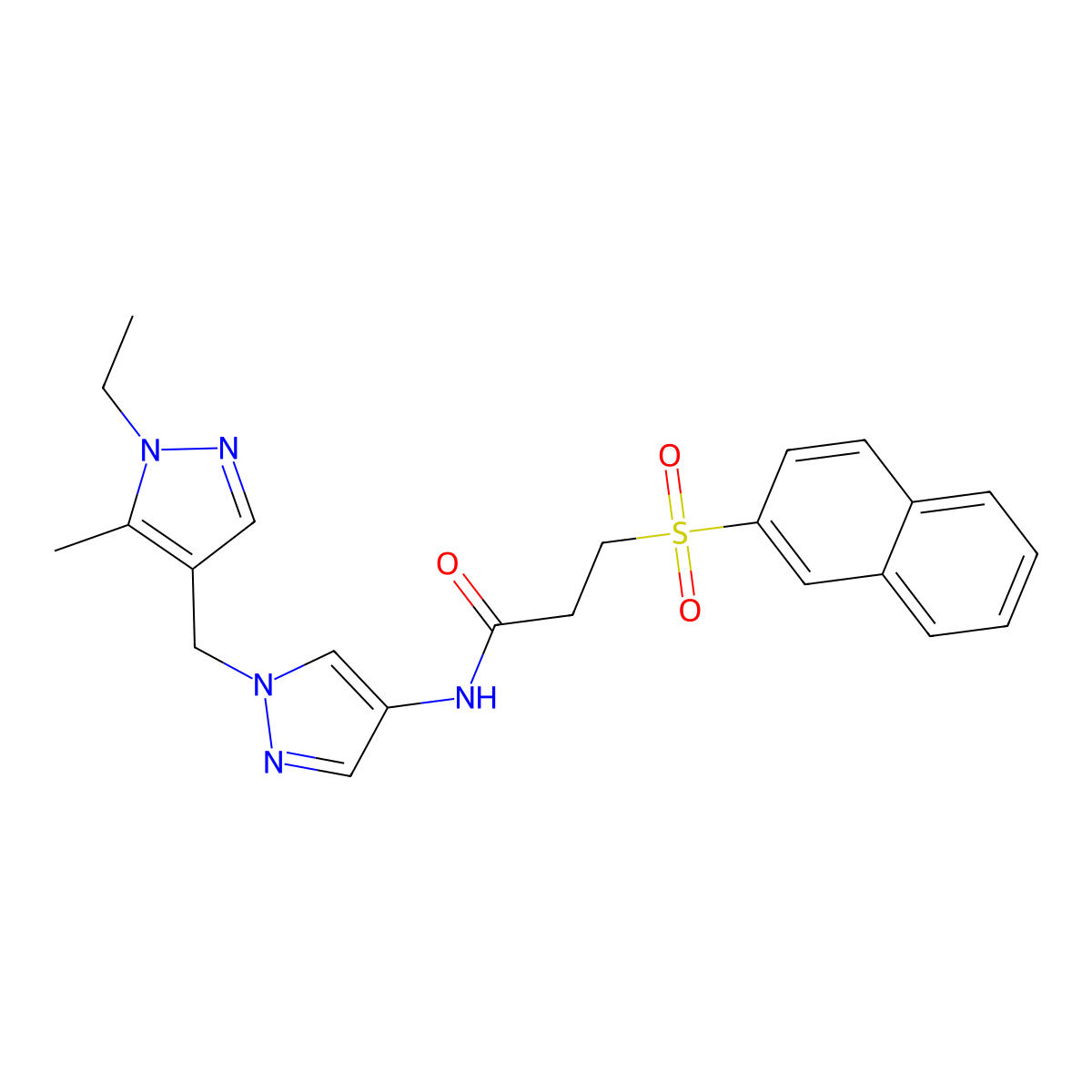 N-{1-[(1-ethyl-5-methyl-1H-pyrazol-4-yl)methyl]-1H-pyrazol-4-yl}-3-(naphthalen-2-ylsulfonyl)propanamide molecular structure, CAS 1005556-22-8