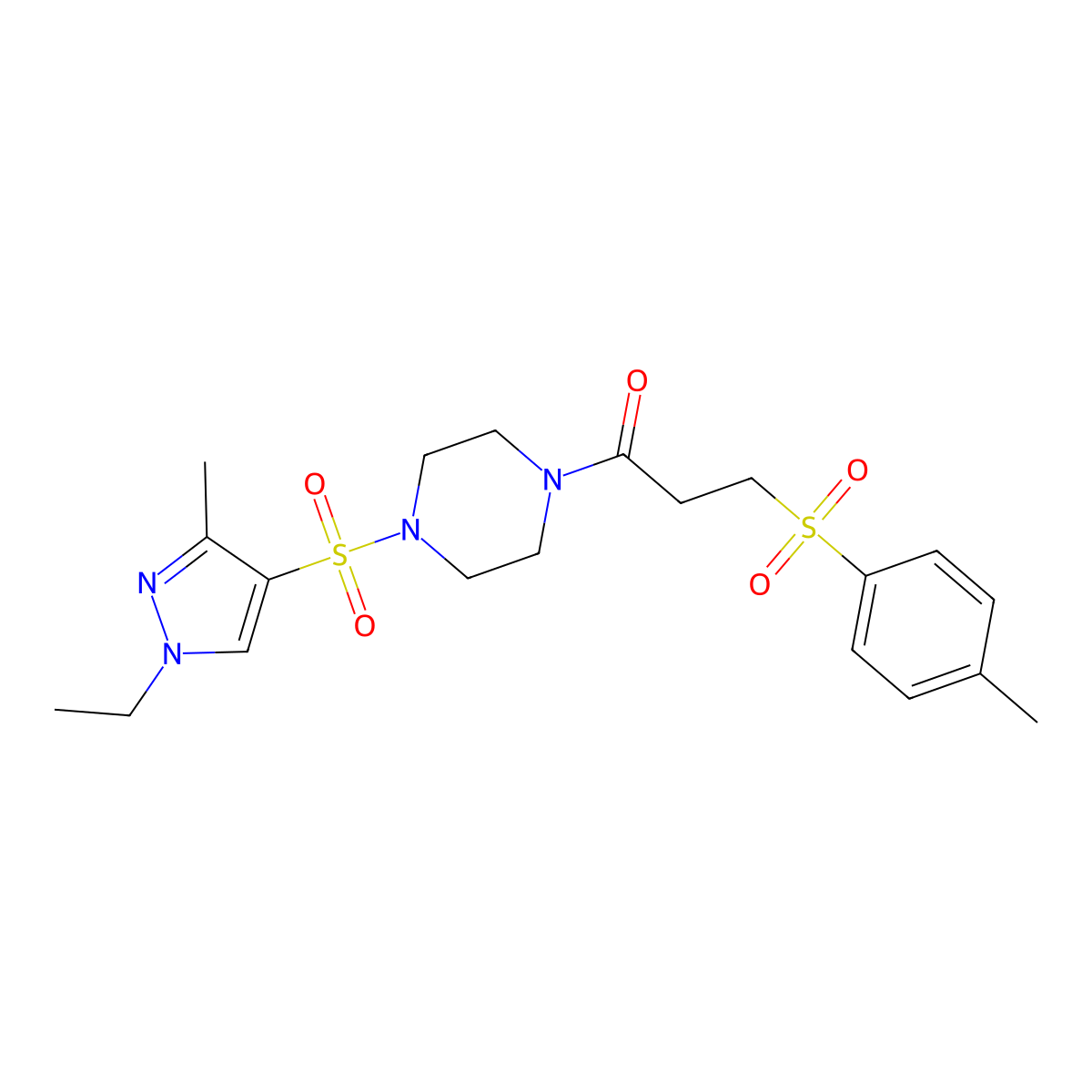 1-{4-[(1-ethyl-3-methyl-1H-pyrazol-4-yl)sulfonyl]piperazin-1-yl}-3-[(4-methylphenyl)sulfonyl]propan-1-one molecular structure, CAS 1005556-98-8