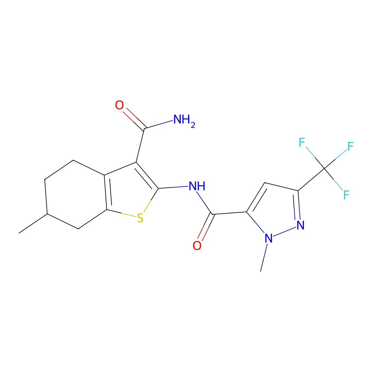 N-(3-carbamoyl-6-methyl-4,5,6,7-tetrahydro-1-benzothiophen-2-yl)-2-methyl-5-(trifluoromethyl)pyrazole-3-carboxamide molecular structure, CAS 1005557-35-6