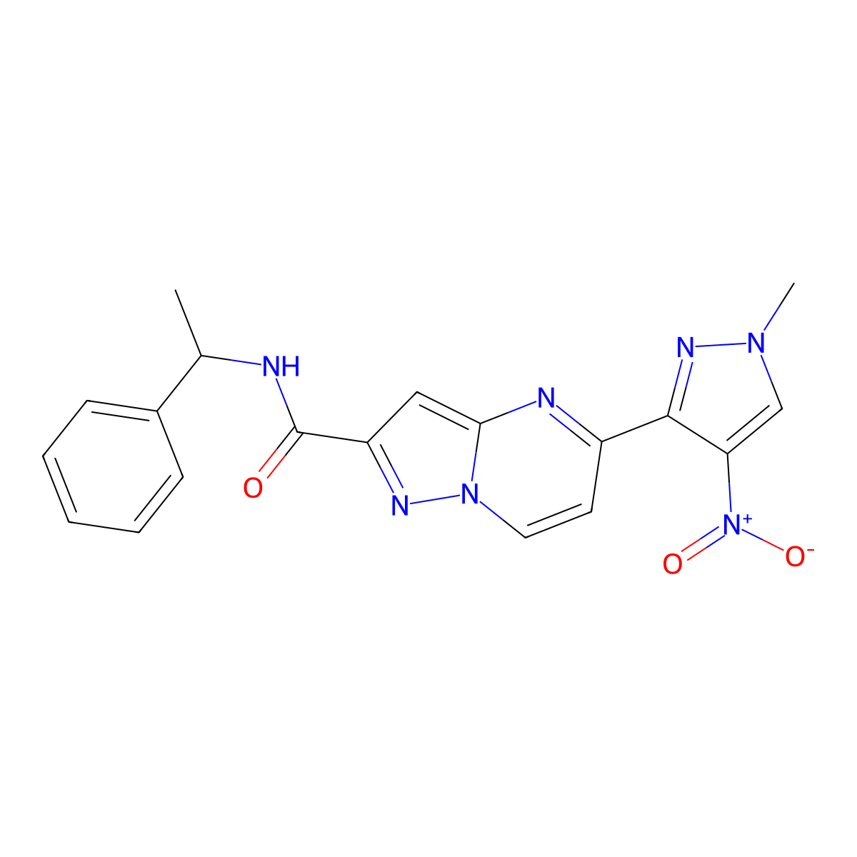 5-(1-methyl-4-nitro-1H-pyrazol-3-yl)-N-(1-phenylethyl)pyrazolo[1,5-a]pyrimidine-2-carboxamide molecular structure, CAS 1005557-54-9